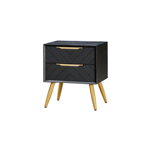 Elegant Wooden <b>Nightstand</b> With Geometric Chevron Design, Single Drawer Storage And Golden Legs For Modern Bedroom Furniture - Product Image 1