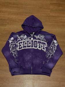 Sudadera con capucha morada para hombre, con cremallera, forro polar, estilo oversize, adornada con pedrería, estilo hip hop, ropa urbana, logotipo frontal, para invierno - Product Image 1