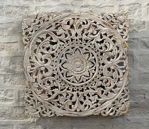 Panneau mural décoratif carré en bois massif blanc vieilli, sculpté à la main avec motifs floraux, pour la tête de lit de canapé ou le mur arrière du salon - Product Image 4