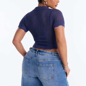 Nouvel Arrivage – Cardigan Tricoté Fait Main Bleu à Manches Courtes pour Femme, Col Rabattu, Boutons, Creux, Décontracté, Haut d'Été pour Femme - Product Image 2