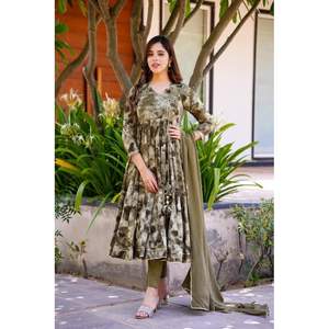 Caqui Verde Color ANARKALI TRAJE SET 3-PAR CÓDIGO/ - Product Image 4