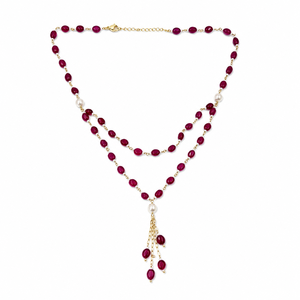 Custom Rhodium Plated <b>Necklace</b> Red <b>Ruby</b> Gemstone Beaded Dual Layer Lariat Pearl Tassel Drop Chain Fine Women Luxury Gift Jewelry - Product Image 3