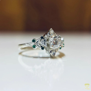 Gorgeous Princess Cut Moissanite Diamond <b>Ring</b> In Authentic 925 Sterling Silver With Sparkling Green Accent Stones - Product Image 2