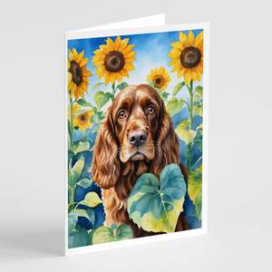 Whimsical A7 Tamaño 5x7 Tarjetas de nota en blanco Paquete 8 Cocker Spaniel inglés Girasoles Tarjetas de felicitación con sobres - Product Image 1