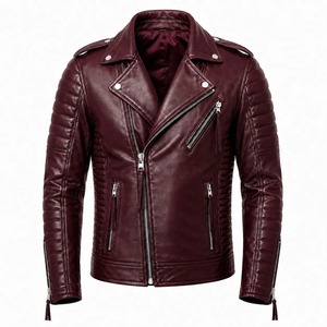 Blouson moto en cuir bordeaux pour homme avec fermeture éclair, coupe ajustée, col rabattable, style automne - Product Image 1