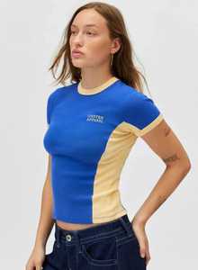 Camiseta Corta de Mujer con Bloques de Color, Cuello Redondo, Manga Corta, Ajustada, Tejida - Product Image 2