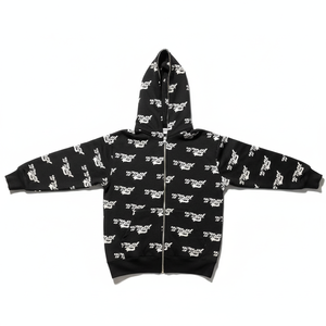 Survêtement d'hiver noir à fermeture éclair intégrale avec motif imprimé lettres blanches, unisexe, décontracté, en coton 100% épais, coupe mi-longue, jambes larges, poches latérales - Product Image 1