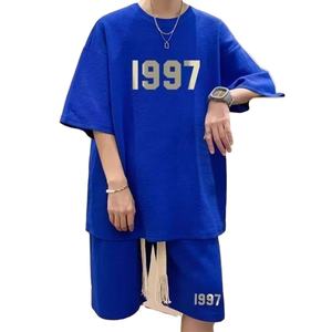 Ensemble de deux t-shirts d'été pour hommes, ensemble de shorts de sport décontractés, respirants, 100% coton, fermeture à cordon de serrage, manches courtes - Product Image 2