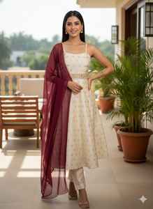 Ensemble Kurta et pantalon long évasé pour femme, couleur marron, avec dupatta en mousseline de coton, tenue ethnique élégante et festive, vêtements indiens et pakistanais - Product Image 4