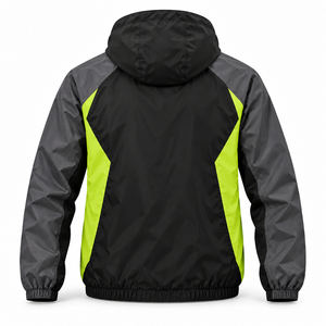 Veste coupe-vent color block avec empiècements noir, anthracite et vert citron, logo personnalisé, à capuche, entièrement zippée, pour tenue d'équipe extérieure, OEM, vente en gros - Product Image 2