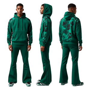 Fashion Forward Men's Flare <b>Tracksuit</b> with Emerald Pulse Puff Print Artwork and Relaxed Wide Leg Silhouette - Product Image 3