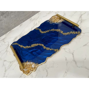Custom Luxury Blue <b>Epoxy</b> Resin Serving Tray Wholesale Irregular Agate Crystal Geode Platter With Metal Handles For <b>Coffee</b> <b>Table</b> - Product Image 5