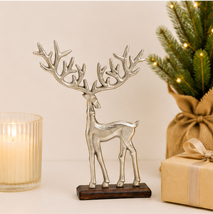 Handmade Silver Aluminium Reindeer Sculpture on Solid Mango Wood Base Elegant Standing Stag Figurine For <b>Christmas</b> Home Decor - Product Image 6