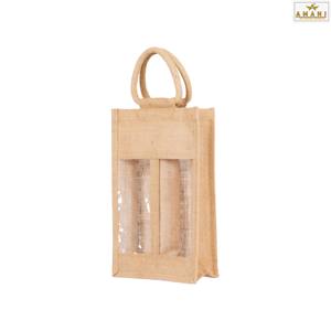 Bolsa de yute para botella de vino con logo personalizado impreso, ecológica, reutilizable, con ventana transparente, bolsa de regalo con 2 compartimentos para compras. - Product Image 4