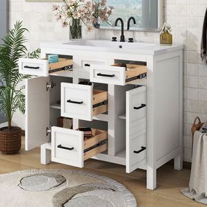 Mobile da Bagno da 36 Pollici con Lavabo Integrato in Resina, 4 Cassetti e 2 Ante - Product Image 1