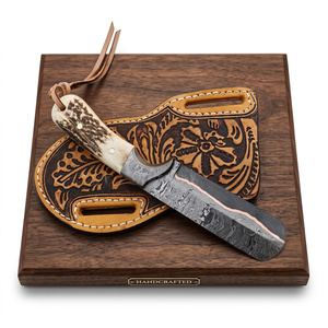 Cuchillo de desollar Jexmoo personalizado hecho a mano de acero de cobre de Damasco de 9 pulgadas con punta caída, mango de asta de 0.5mm de grosor, funda de cuero, duradero - Product Image 2