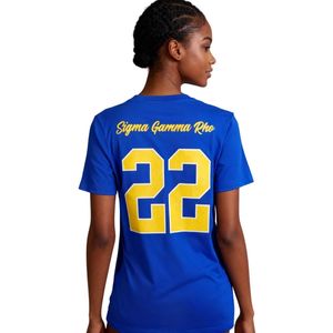 เสื้อยืด Sigma Gamma Rho สีน้ำเงินรอยัล กลิตเตอร์ ดรายฟิต สำหรับทุกเพศ ชุดกีฬาสมาคมนักศึกษากรีก เสื้อยืดดูดซับความชื้น ประสิทธิภาพสูง - Product Image 2