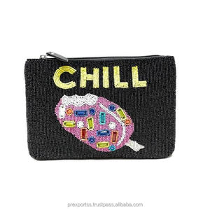Pochette à fermeture éclair CHILL faite à la main sur le thème de l'été, porte-monnaie perlé avec broderie amusante, grande capacité, doublure douce en coton, idéale comme cadeau - Product Image 1