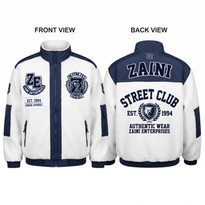 Premium 300 GSM Polar Fleece <b>Jacket</b> White Navy Panel Design Full Zip Stand Collar Printed Decoration Waterproof Breathable Men's - Product Image 1