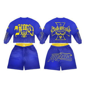 High quality 320 GSM cotton poly <b>blend</b> t shirt and short set green yellow panel design heat transfer logo 2 Pieces Sets - Product Image 2