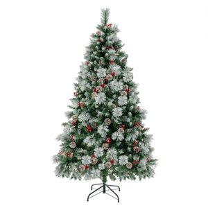 Albero di Natale Pre-Illuminato in PET da 180 cm con 55 Bacche Rosse e 55 Pigne, Luci Cambiabili, Facile da Montare per Casa/Ufficio/Feste - Product Image 1