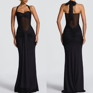 Robe longue sirène élégante noire à empiècements en résille, une robe de soirée glamour moulante avec une ceinture transparente en résille. - Product Image 3