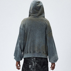 Sweat à capuche zippé pour homme, style streetwear premium, avec strass, délavé à l'acide, effet usé, haute qualité, effet soleil éclairé, coupe oversize - Product Image 1