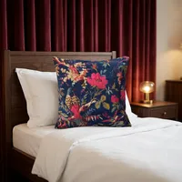 Housse de coussin en velours bleu marine avec imprimé oiseaux et fleurs, coussin décoratif pour canapé, chambre et décoration intérieure