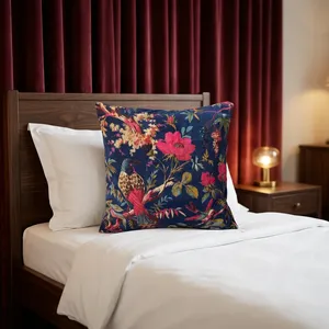 Navy <b>Blue</b> Velvet Cushion Cover with Bird and Floral Print Decorative <b>Throw</b> Pillow for Sofa Bedroom and Home Decor - Product Image 4