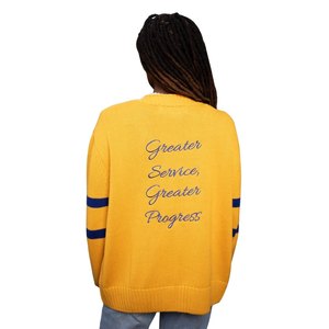 Cardigan Jaune Sigma Gamma Rho pour Femme, Manches à Rayures Bleues, Boutons, Style Premium, Pull de Sororité Grecque - Product Image 2