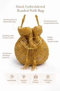 Hand Embroidered Gold Beaded Half Moon Potli Bag with Zari Work Crystal Accents & Drawstring Tassels for Bridal Wear Fashion - Product Image 6