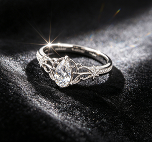 Pear Cut Diamond Engagement <b>Ring</b> Women's Vintage Floral Design <b>925</b> <b>Silver</b> Rhodium Plated - Product Image 1