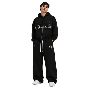 Conjuntos de Sudadera con Capucha y Pantalones Deportivos Negros con Estampado Gráfico, Ropa Deportiva de Felpa Oversize, Chándal con Logotipo Personalizado, Fabricante OEM ODM - Product Image 1