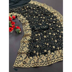 FASHIONABLE SUAVE GEORGETTE BORDADO TRABAJO SAREE CON BLUSA SIN COSTAR NEGRO - Product Image 1