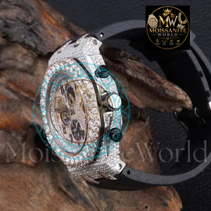 Montre-bracelet chronographe analogique en acier inoxydable avec verre quartz et moissanite glacée, fermoir papillon, incrustation de diamants noirs ETA, luxe décontracté - Product Image 5