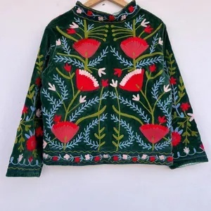 New Arrival Handmade Suzani Embroidered <b>Velvet</b> <b>Jacket</b> <b>Women</b> Short Boho Floral Coat Autumn Outerwear Wholesale Factory Price - Product Image 3