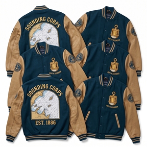Chaqueta universitaria al por mayor, color verde azulado y azul marino, cuerpo de lana, mangas de cuero color canela, Sounding Corps Depth Sounder, mapa hidrográfico, abrigo Letterman - Product Image 1