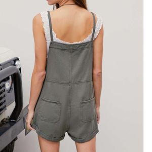 Women’s White <b>Denim</b> Jumpsuit Sleeveless Straight Leg Overall <b>Shorts</b> with Square Front Pockets Casual Summer Romper - Product Image 4