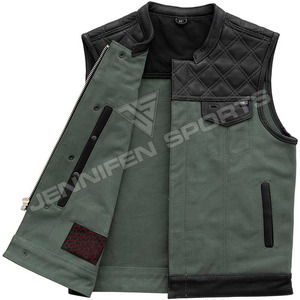 High Quality Men's Genuine Leather Biker <b>Vest</b> Leather&Canvas Fabric Diamond Cut Biker Waistcoat Motorcycle Men's <b>Vest</b> - Product Image 3