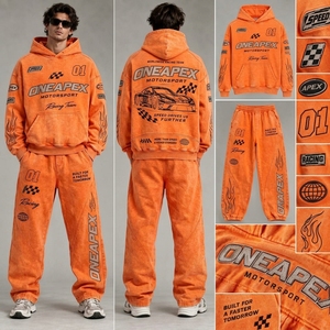 Conjunto Deportivo de Sudadera con Capucha y Pantalones Deportivos Extra Grandes para Hombre, Color Naranja, Estilo Motorsport, One Apex Racing Streetwear, 2 Piezas - Product Image 3