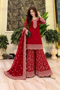 Conjunto de Salwar Kameez Bordado con Pedrería, Color Rojo, Traje Indio Pakistaní para Mujer con Dupatta, para Bodas y Fiestas - Product Image 2