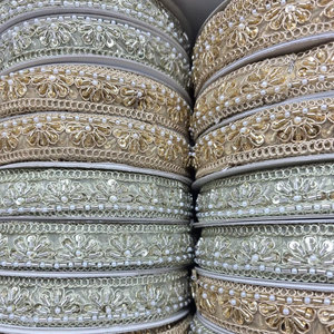 Offres en Gros de Rouleaux de Dentelle Organza Brodés de Perles à Motifs Géométriques Solubles dans l'Eau, Écologiques, Dorés et Argentés de Luxe - Product Image 1