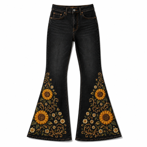 Jean évasé taille haute pour femme, motif floral, denim vintage foncé, style streetwear décontracté, respirant, OEM ODM - Product Image 2