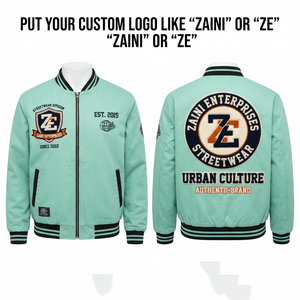 Blouson bomber unisexe coupe-vent en polyester/nylon sergé vert menthe avec logo brodé en chenille personnalisé et bordure en fourrure - Product Image 1