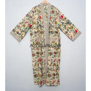 Bata Kimono Floral 100% Algodón para Mujer, Talla Única, con Forro Frontal, Cuello en V, Cierre con Cordón, Larga, para Invierno/Primavera/Verano - Product Image 1