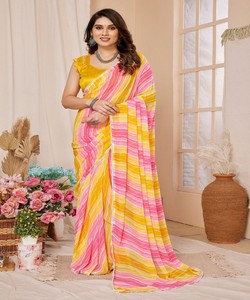 Sari amarillo y rosa con estampado digital y blusa sin coser para mujer, ropa informal, estilo tradicional de India y Pakistán, listo para usar. - Product Image 1