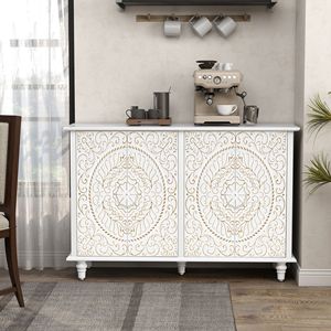 Buffet en bois sculpté vintage de 48 pouces avec 4 portes, grand espace de rangement, armoire décorative pour salon - Product Image 4