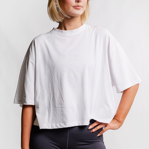 Unisex <b>White</b> Oversized <b>Crop</b> <b>Top</b> Crew Neck Short Sleeve Regular Fit Solid Color 100% Cotton Jersey Breathable Casual T-Shirt - Product Image 6