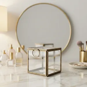 Square Glass Jewelry Box With Brass Frame Ring Handle Minimalist Storage Organizer For <b>Bedroom</b> <b>Vanity</b> - Product Image 1