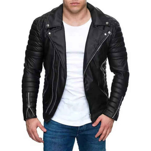 Veste Moto Casual en Cuir Véritable Noir pour Homme, Doublure en Fausse Fourrure, Fermeture Éclair, Coupe Classique, Couleur Unie, Coupe-Vent pour l'Hiver - Product Image 5